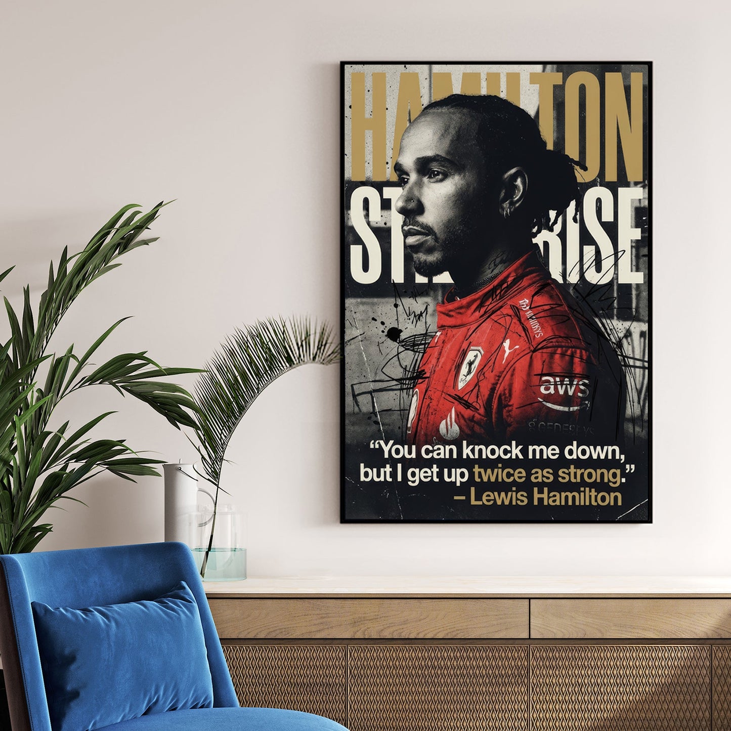 Lewis Hamilton Ferrari racing suit motivational typography street art wall art