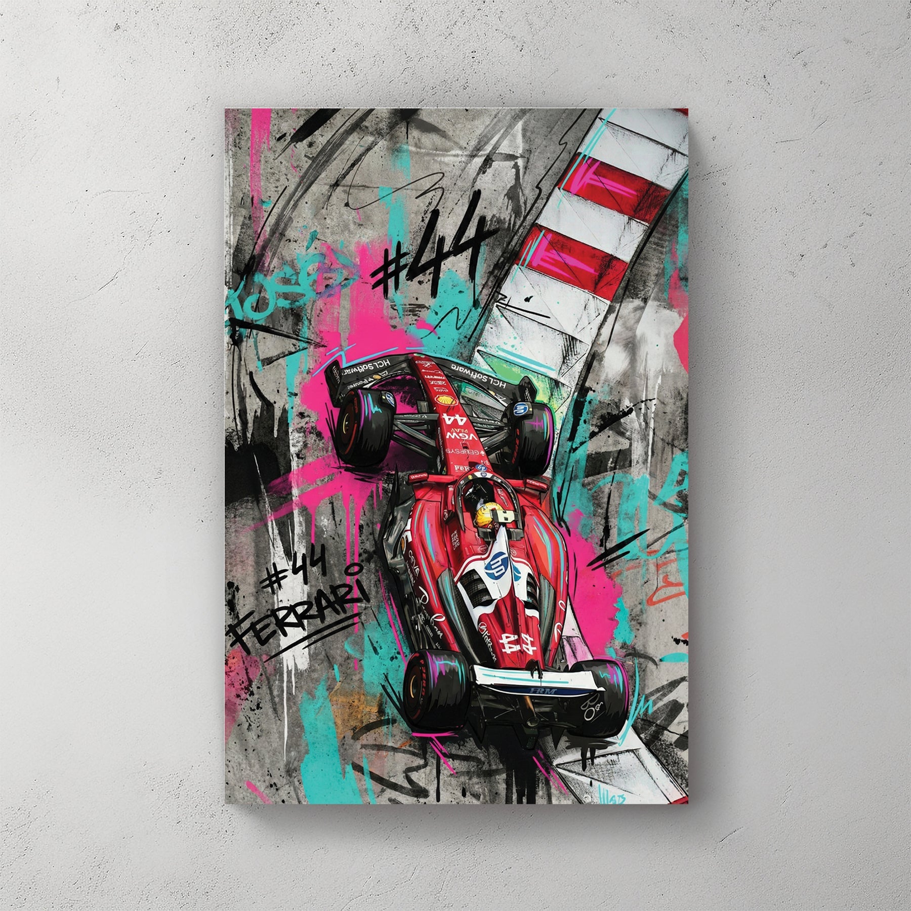 Lewis Hamilton Ferrari F1 car #44 with street art graffiti and neon accents wall art.