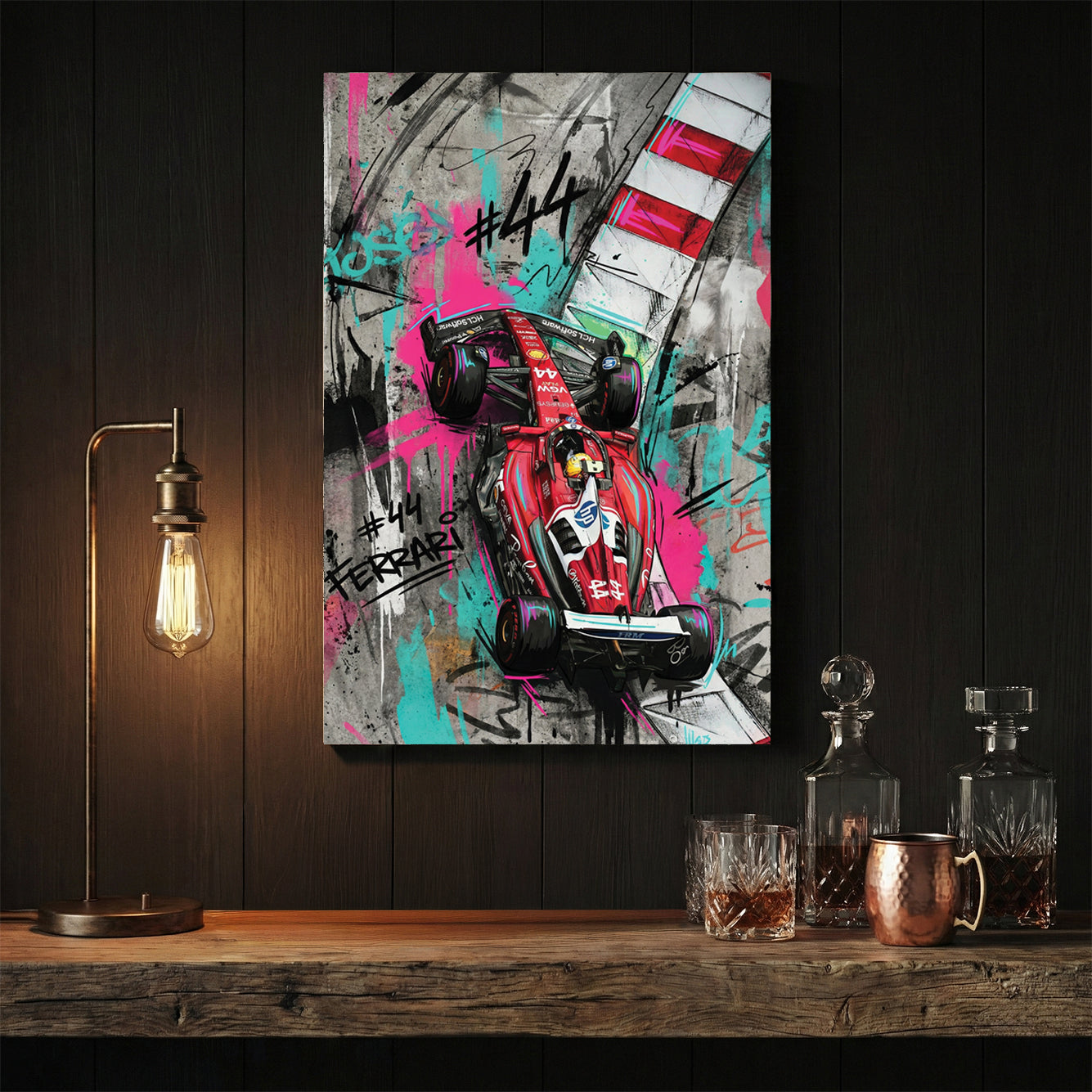 Lewis Hamilton Ferrari F1 car #44 with street art graffiti and neon accents wall art.