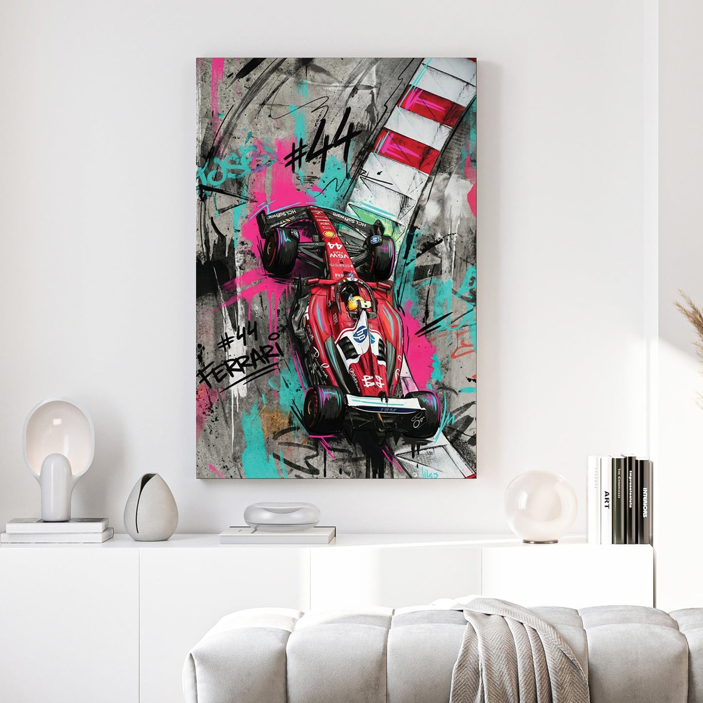 Lewis Hamilton Ferrari F1 car #44 with street art graffiti and neon accents wall art.