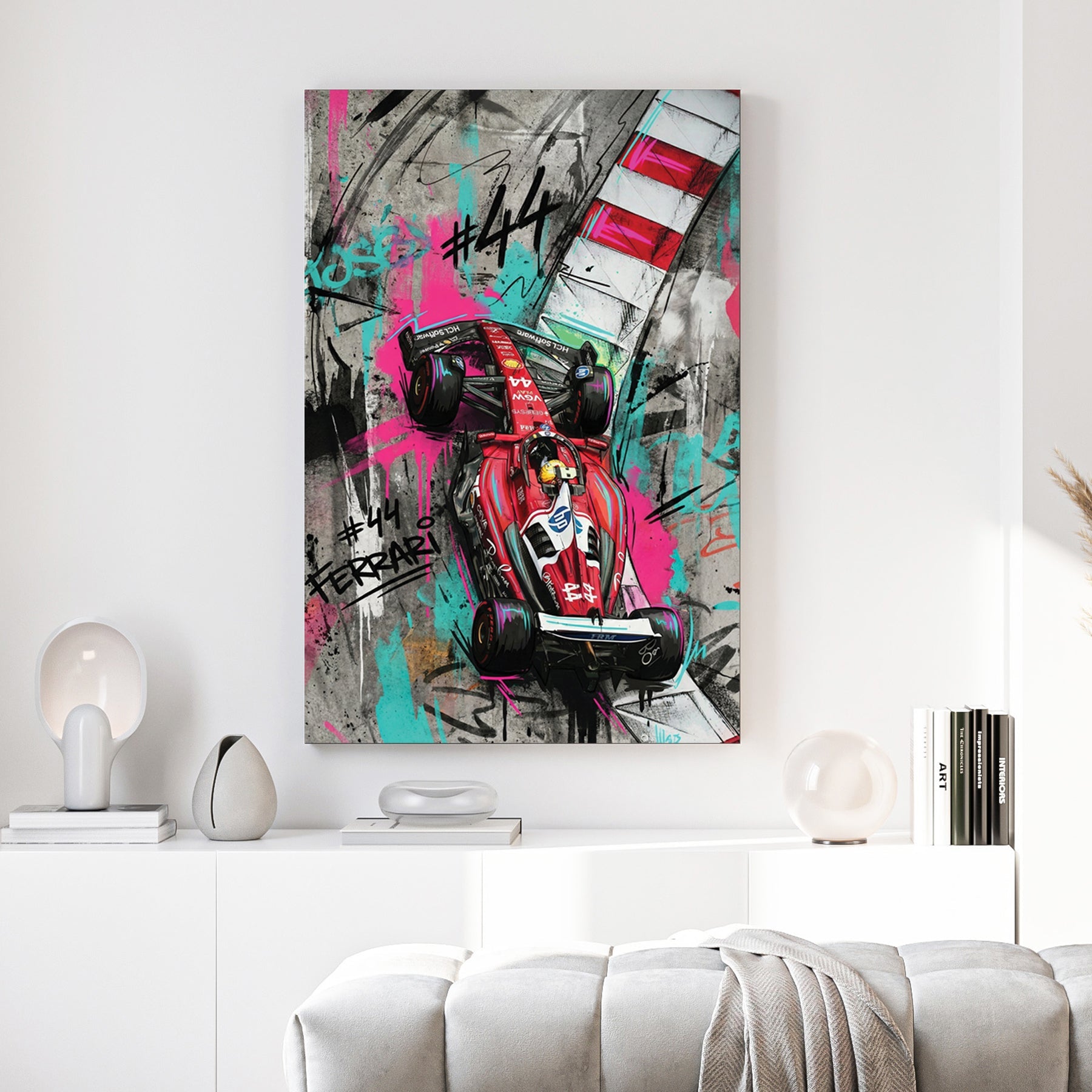 Lewis Hamilton Ferrari F1 car #44 with street art graffiti and neon accents wall art.