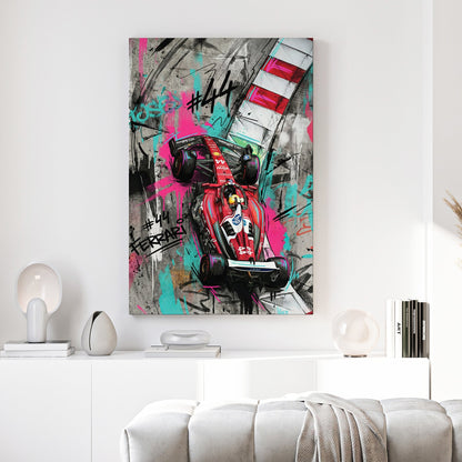 Lewis Hamilton Ferrari F1 car #44 with street art graffiti and neon accents wall art.