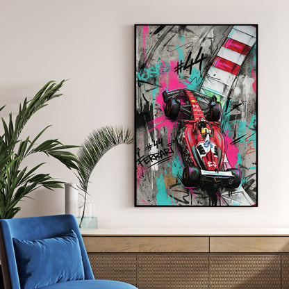 Lewis Hamilton Ferrari F1 car #44 with street art graffiti and neon accents wall art.