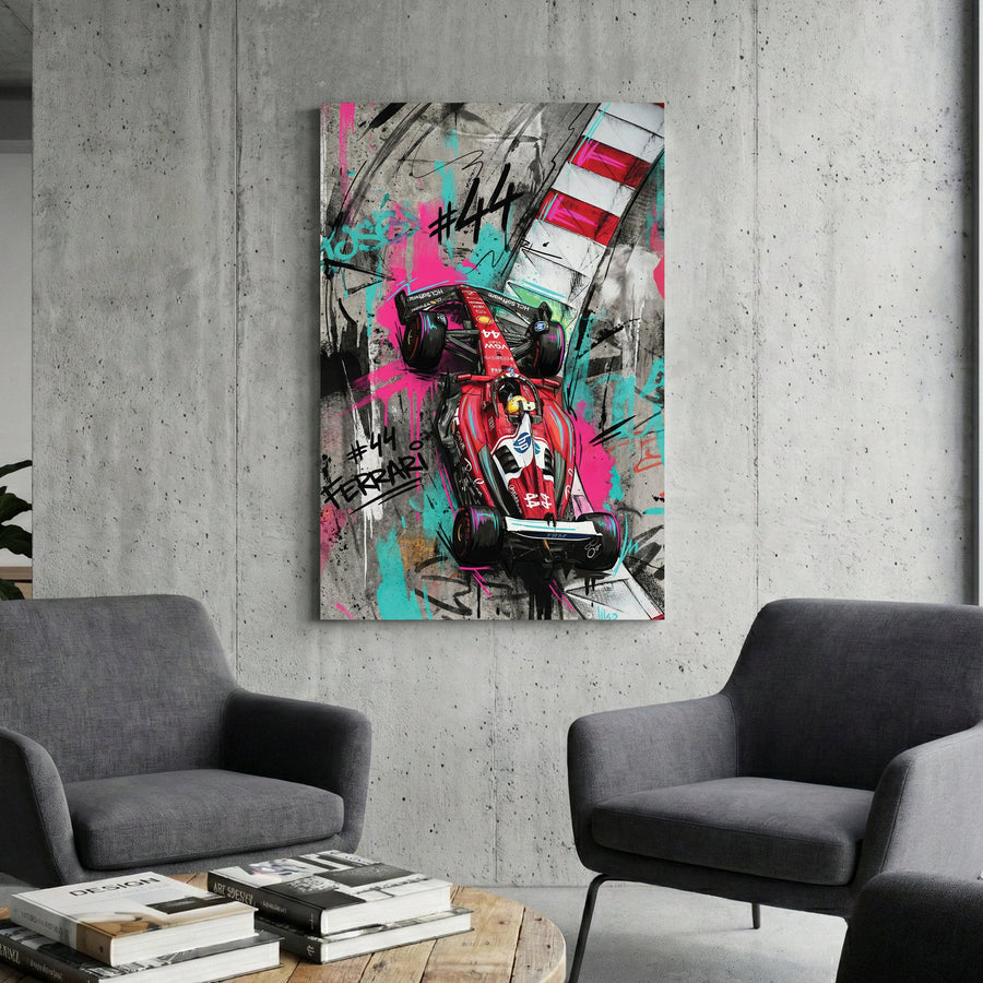 Lewis Hamilton Ferrari F1 car #44 with street art graffiti and neon accents wall art.