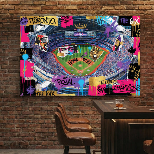 Aerial view of Rogers Centre wall art with Toronto street art graffiti and gold crowns.