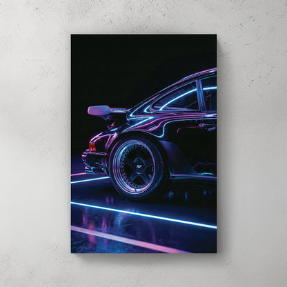 Porsche 911 wall art with neon blue and purple light reflections on black paint.