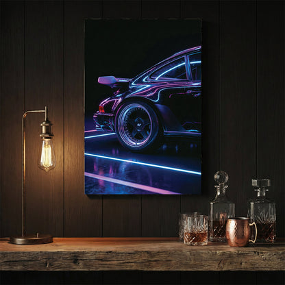 Porsche 911 wall art with neon blue and purple light reflections on black paint.