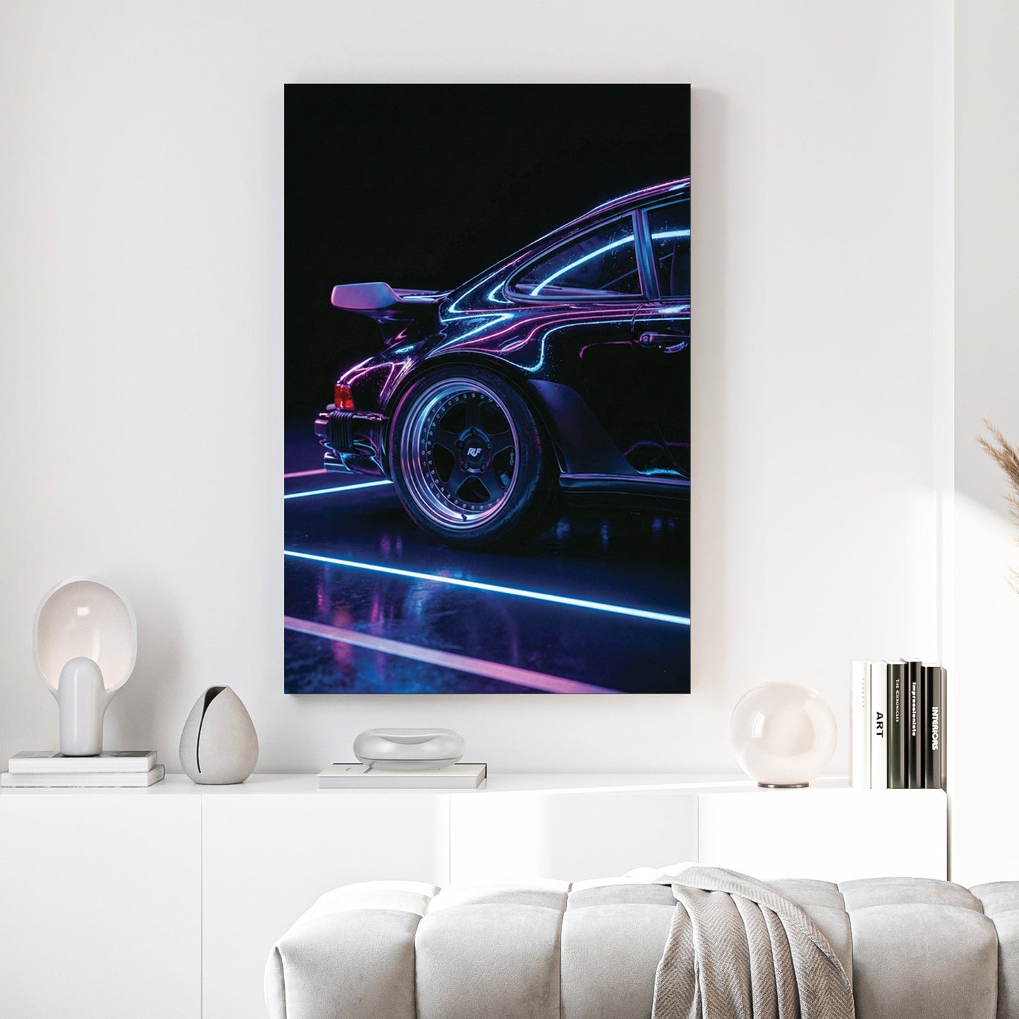Porsche 911 wall art with neon blue and purple light reflections on black paint.
