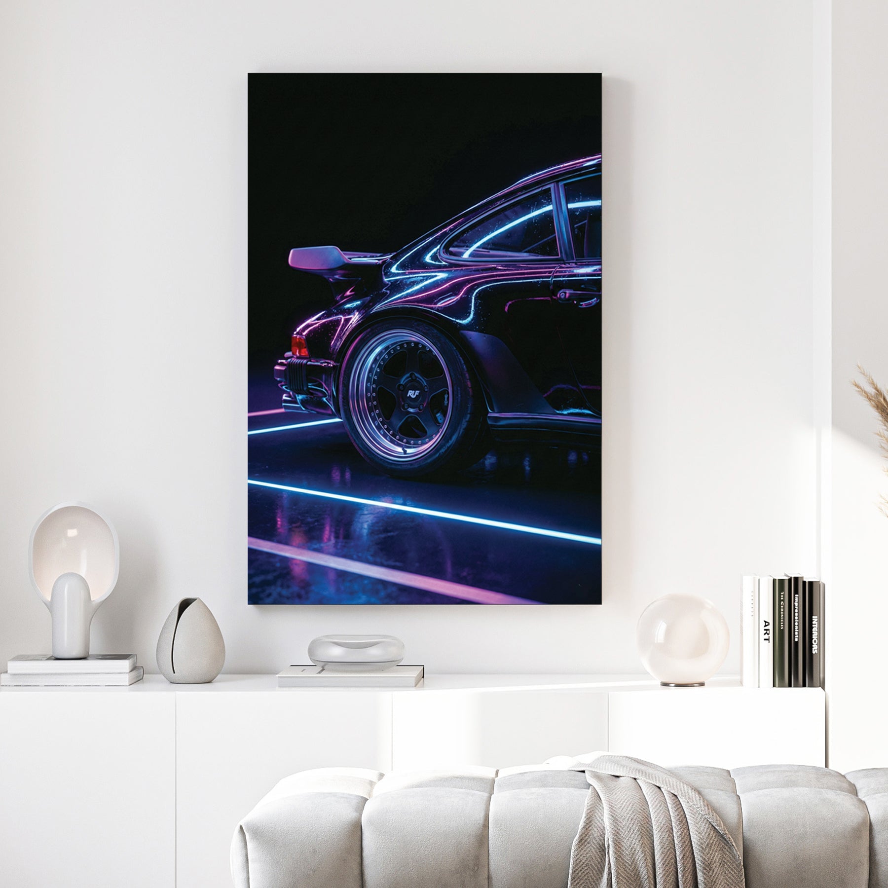 Porsche 911 wall art with neon blue and purple light reflections on black paint.