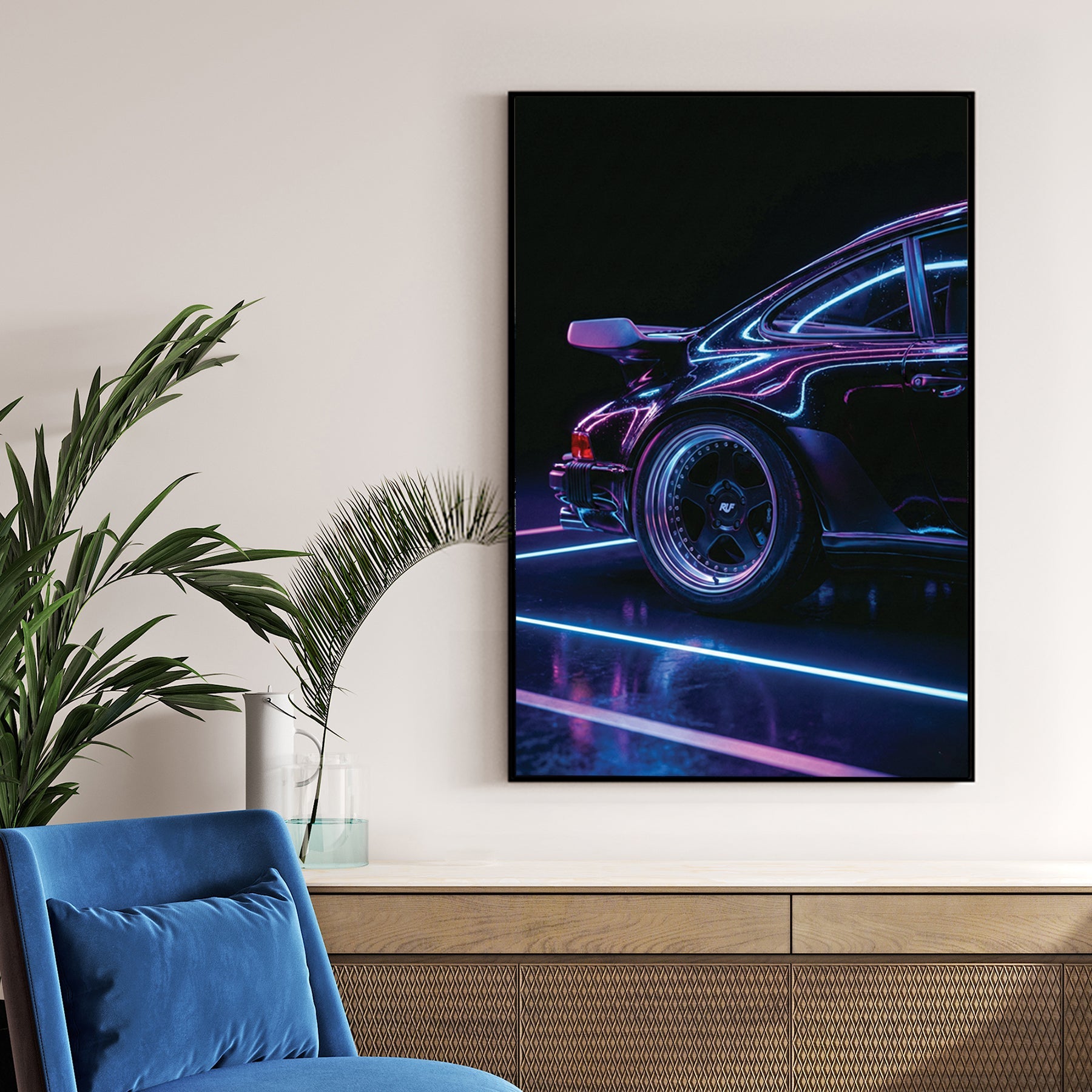 Porsche 911 wall art with neon blue and purple light reflections on black paint.