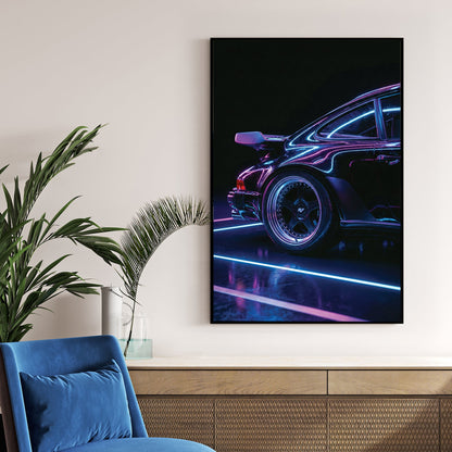 Porsche 911 wall art with neon blue and purple light reflections on black paint.