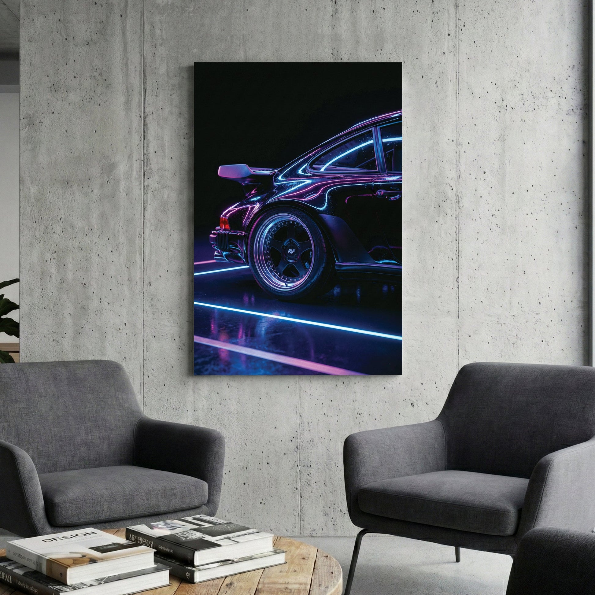 Porsche 911 wall art with neon blue and purple light reflections on black paint.