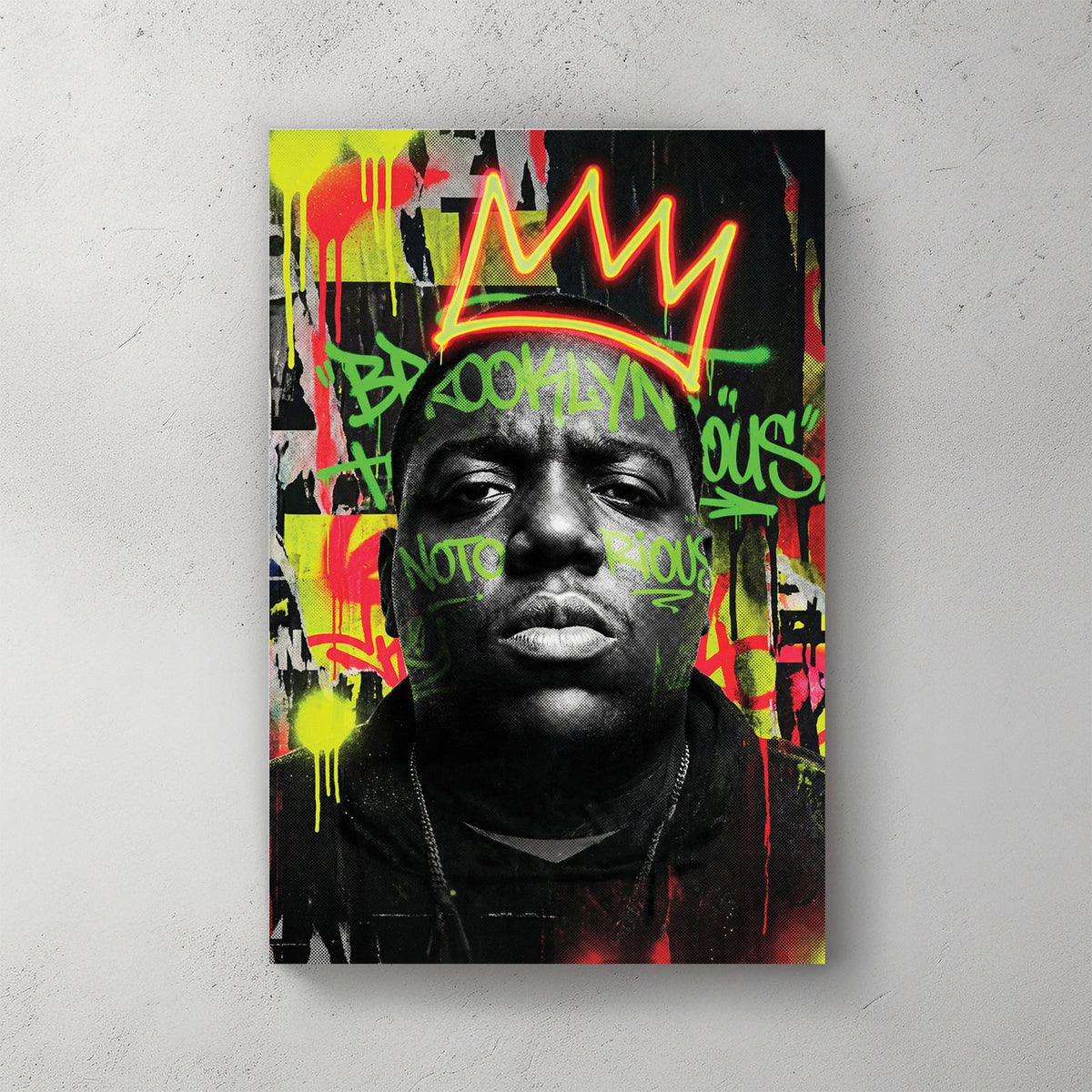 The Notorious B.I.G. street art portrait wall art with neon crown and Brooklyn graffiti.