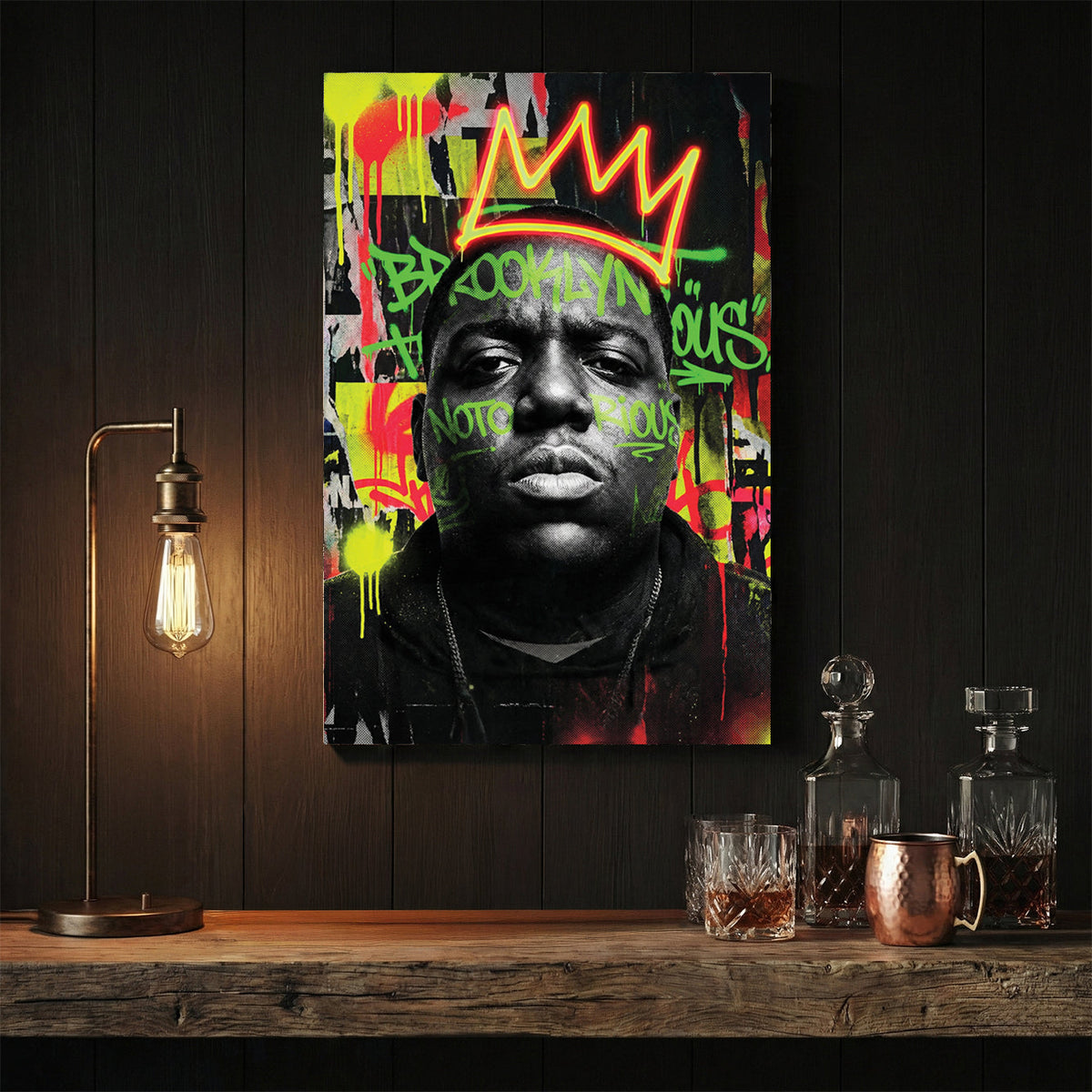 The Notorious B.I.G. street art portrait wall art with neon crown and Brooklyn graffiti.