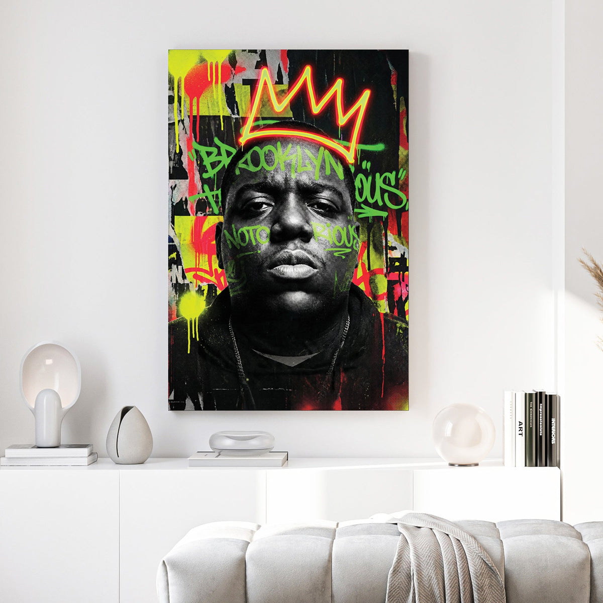 The Notorious B.I.G. street art portrait wall art with neon crown and Brooklyn graffiti.