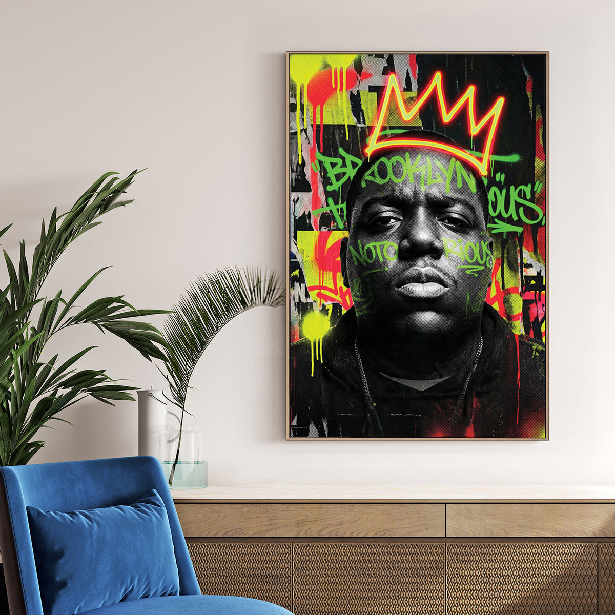 The Notorious B.I.G. street art portrait wall art with neon crown and Brooklyn graffiti.