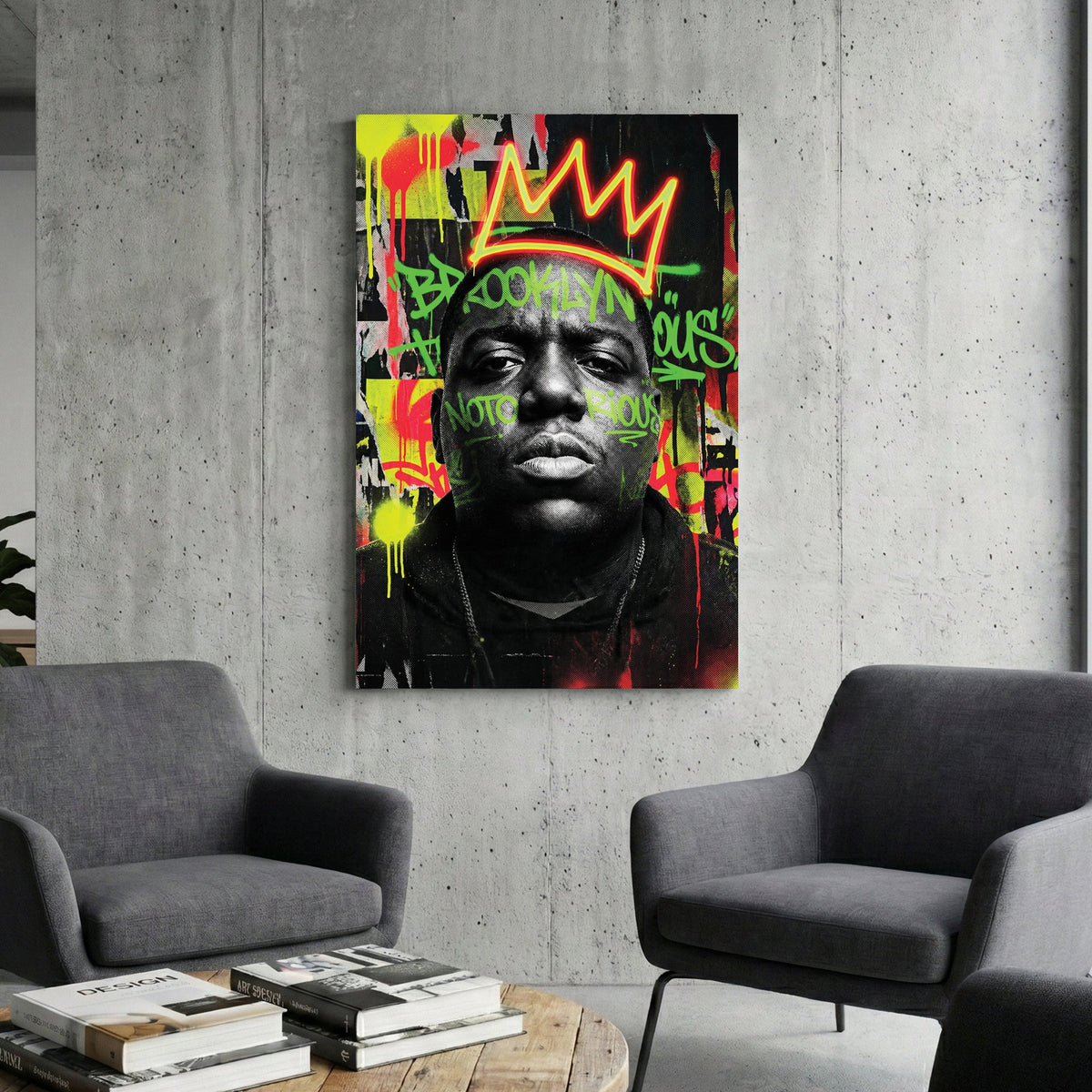 The Notorious B.I.G. street art portrait wall art with neon crown and Brooklyn graffiti.