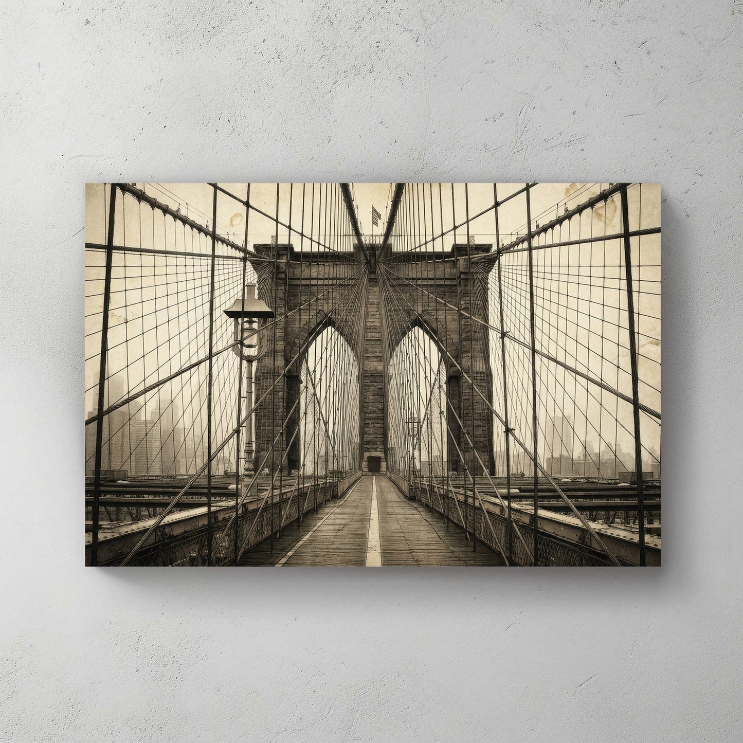 Brooklyn Bridge vintage photography wall art with architectural arches and cables.