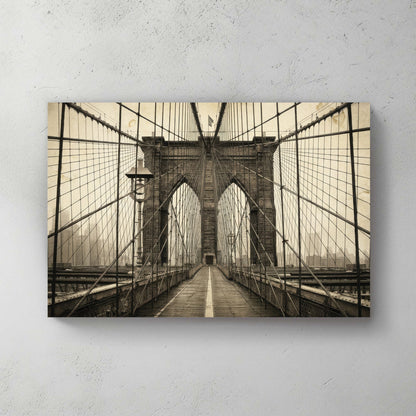 Brooklyn Bridge vintage photography wall art with architectural arches and cables.
