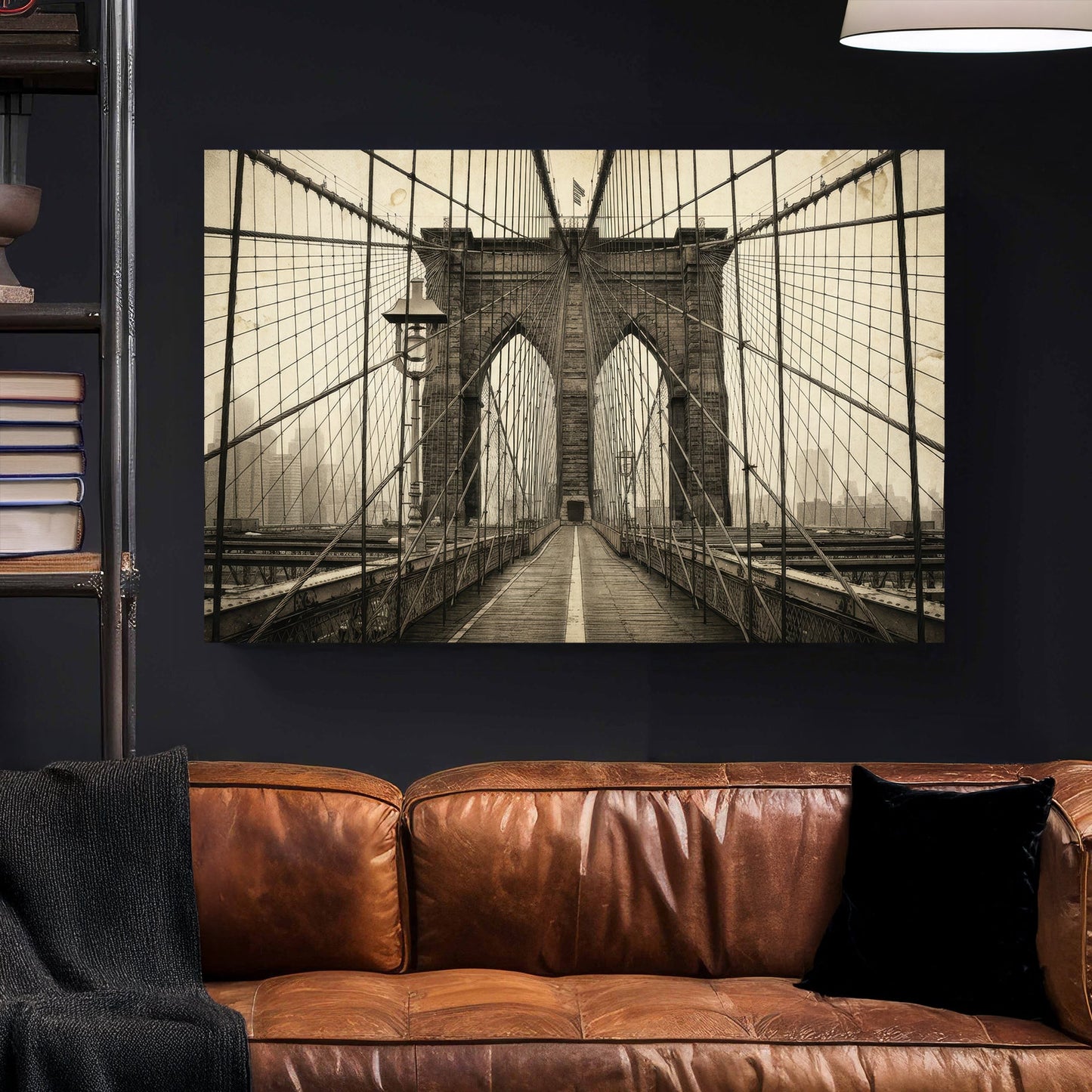 Brooklyn Bridge vintage photography wall art with architectural arches and cables.