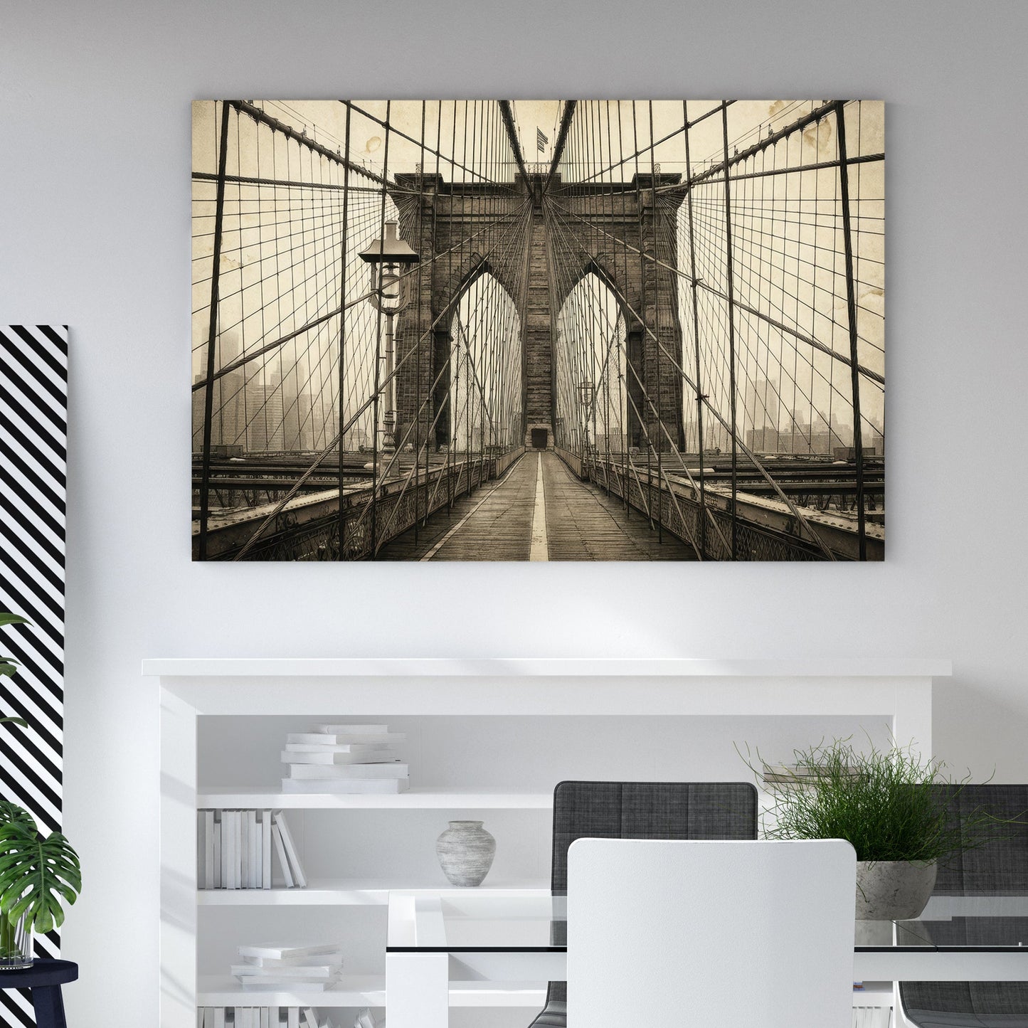 Brooklyn Bridge vintage photography wall art with architectural arches and cables.