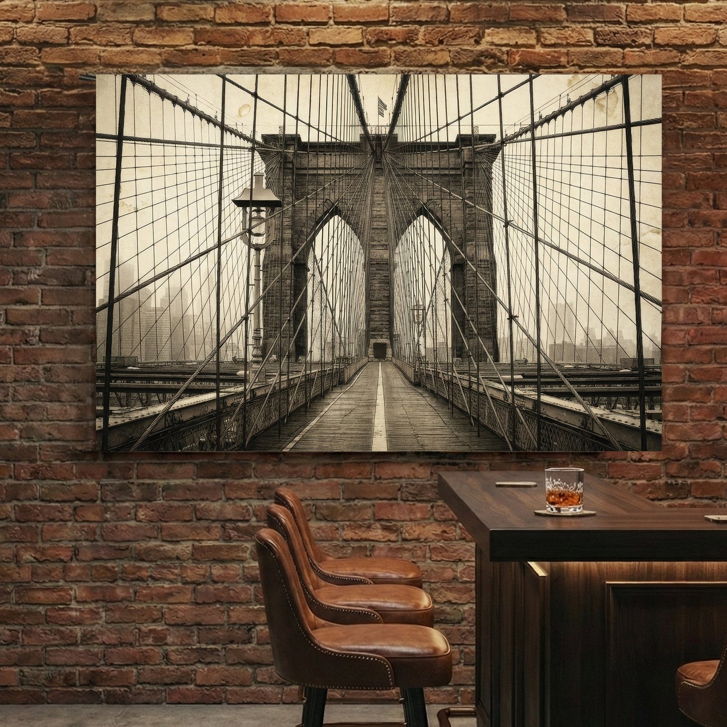 Brooklyn Bridge vintage photography wall art with architectural arches and cables.