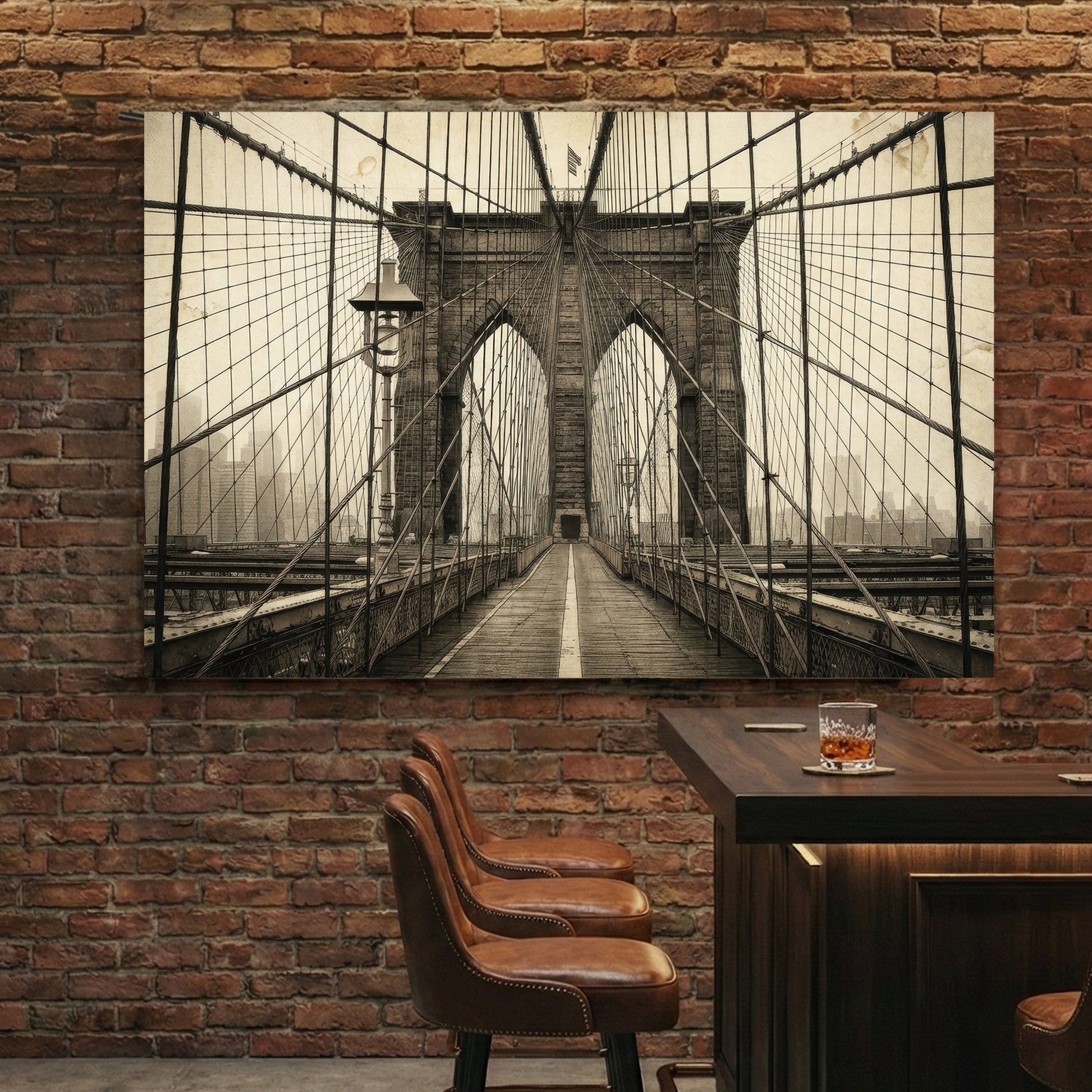 Brooklyn Bridge vintage photography wall art with architectural arches and cables.