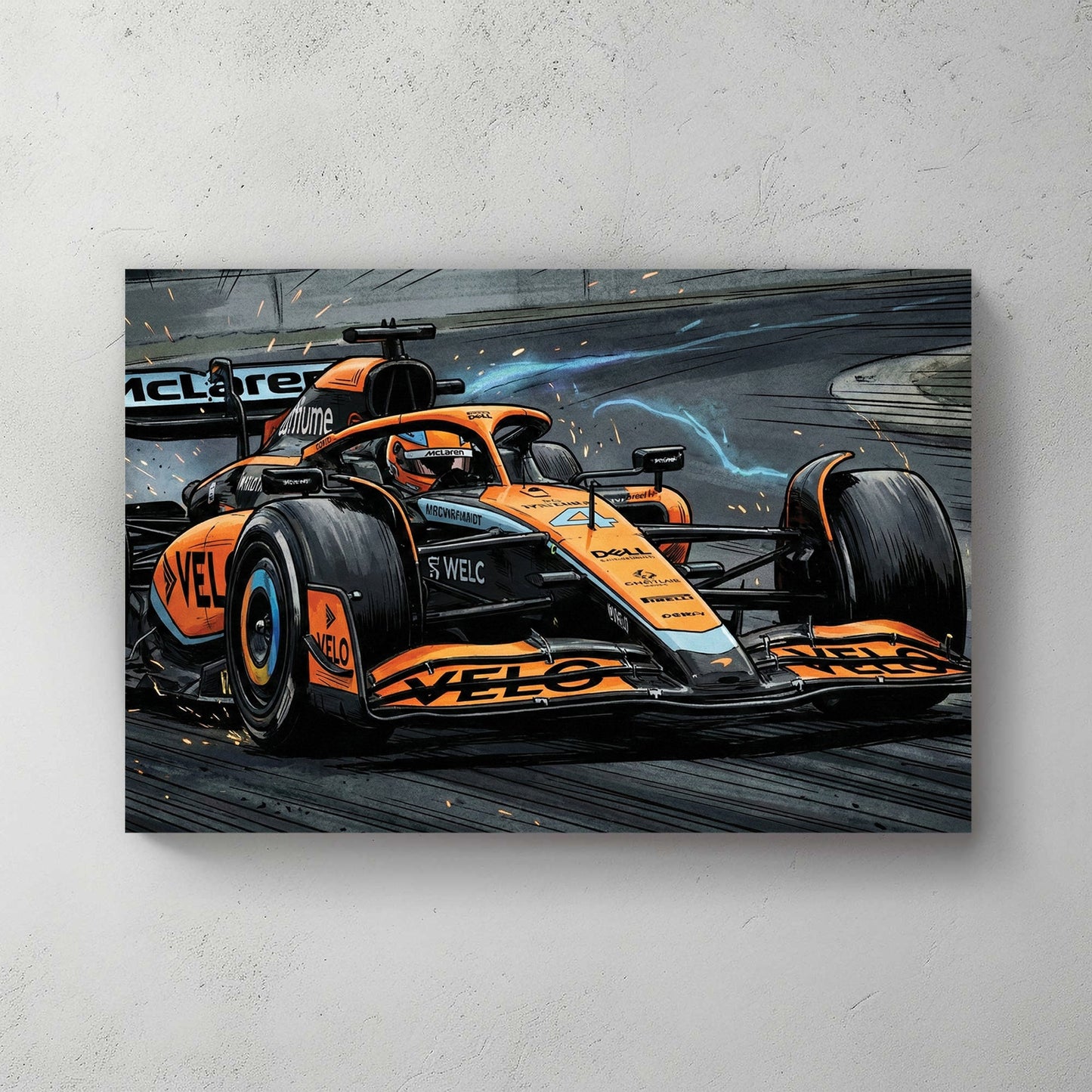 McLaren F1 racing car illustration with speed lines wall art