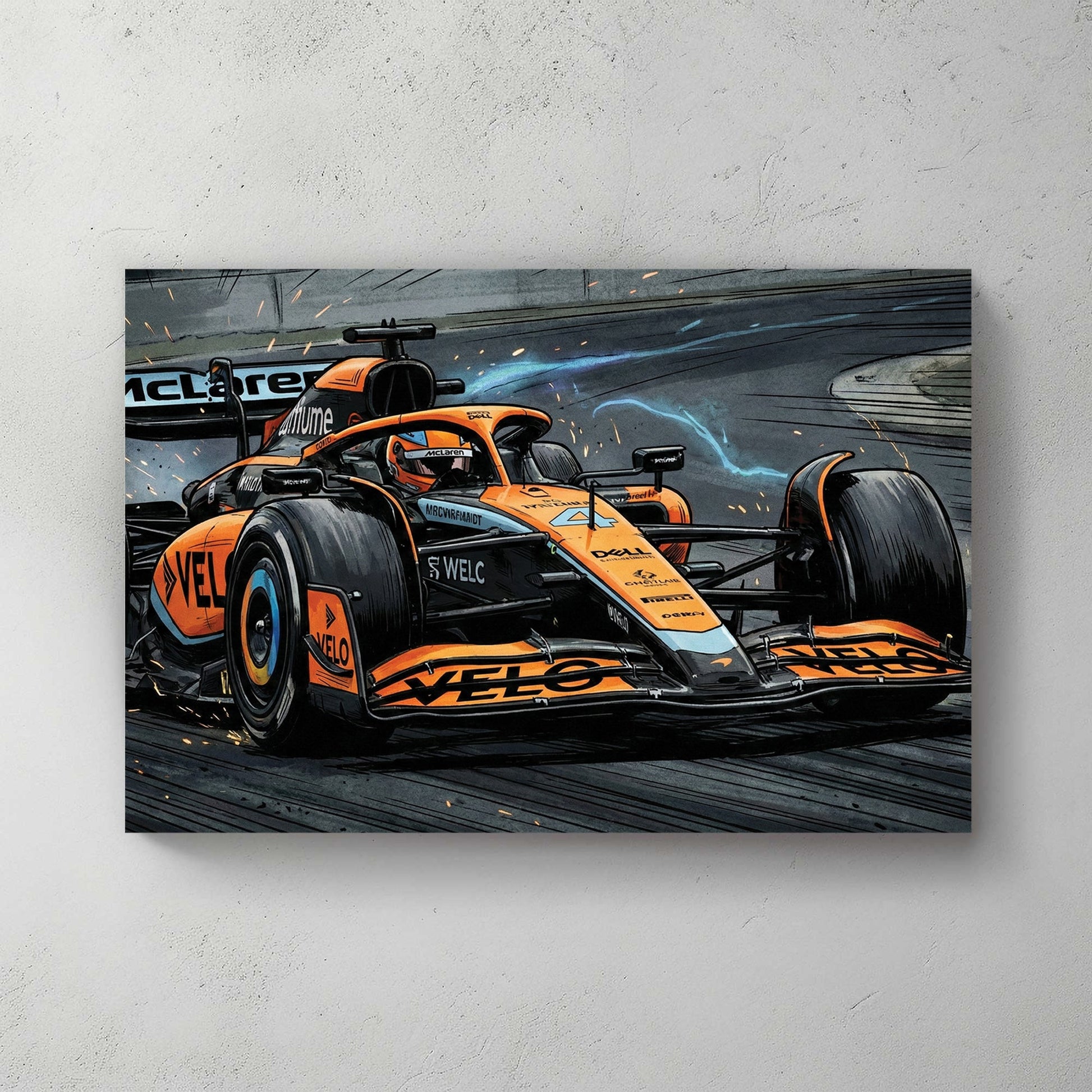 McLaren F1 racing car illustration with speed lines wall art