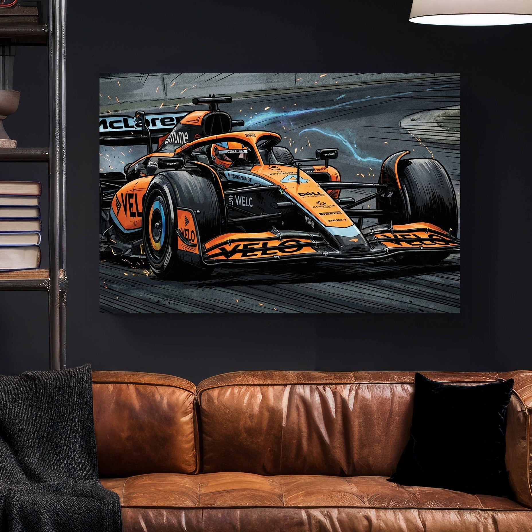 McLaren F1 racing car illustration with speed lines wall art