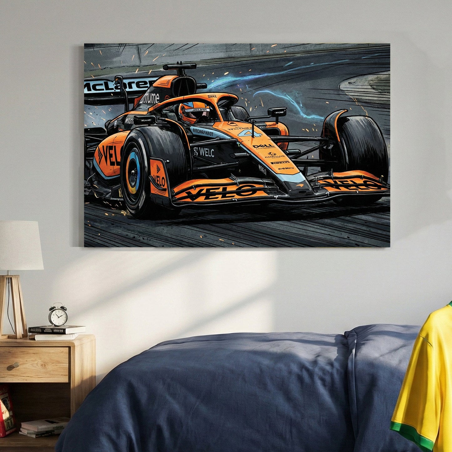 McLaren F1 racing car illustration with speed lines wall art