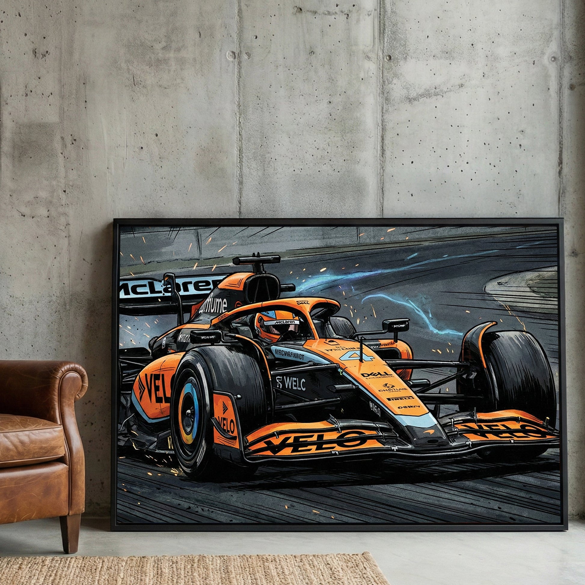McLaren F1 racing car illustration with speed lines wall art