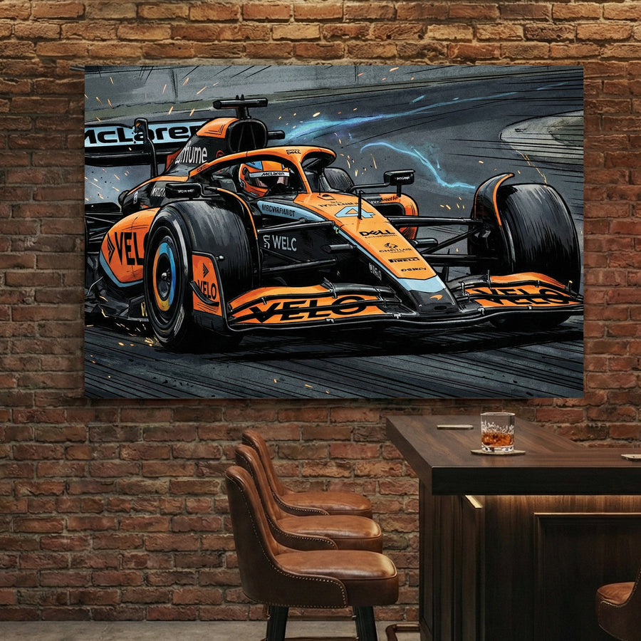McLaren F1 racing car illustration with speed lines wall art