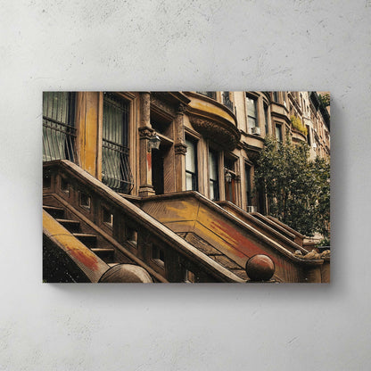 Vintage illustration of Brooklyn Brownstone architecture wall art in warm earth tones.