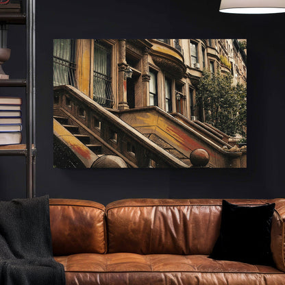 Vintage illustration of Brooklyn Brownstone architecture wall art in warm earth tones.