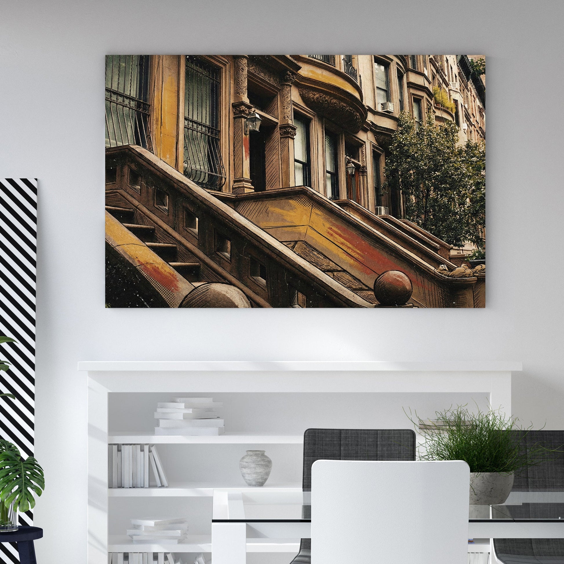 Vintage illustration of Brooklyn Brownstone architecture wall art in warm earth tones.