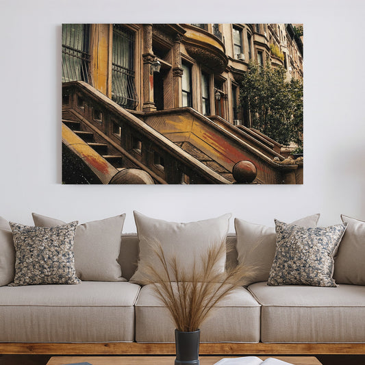 Vintage illustration of Brooklyn Brownstone architecture wall art in warm earth tones.