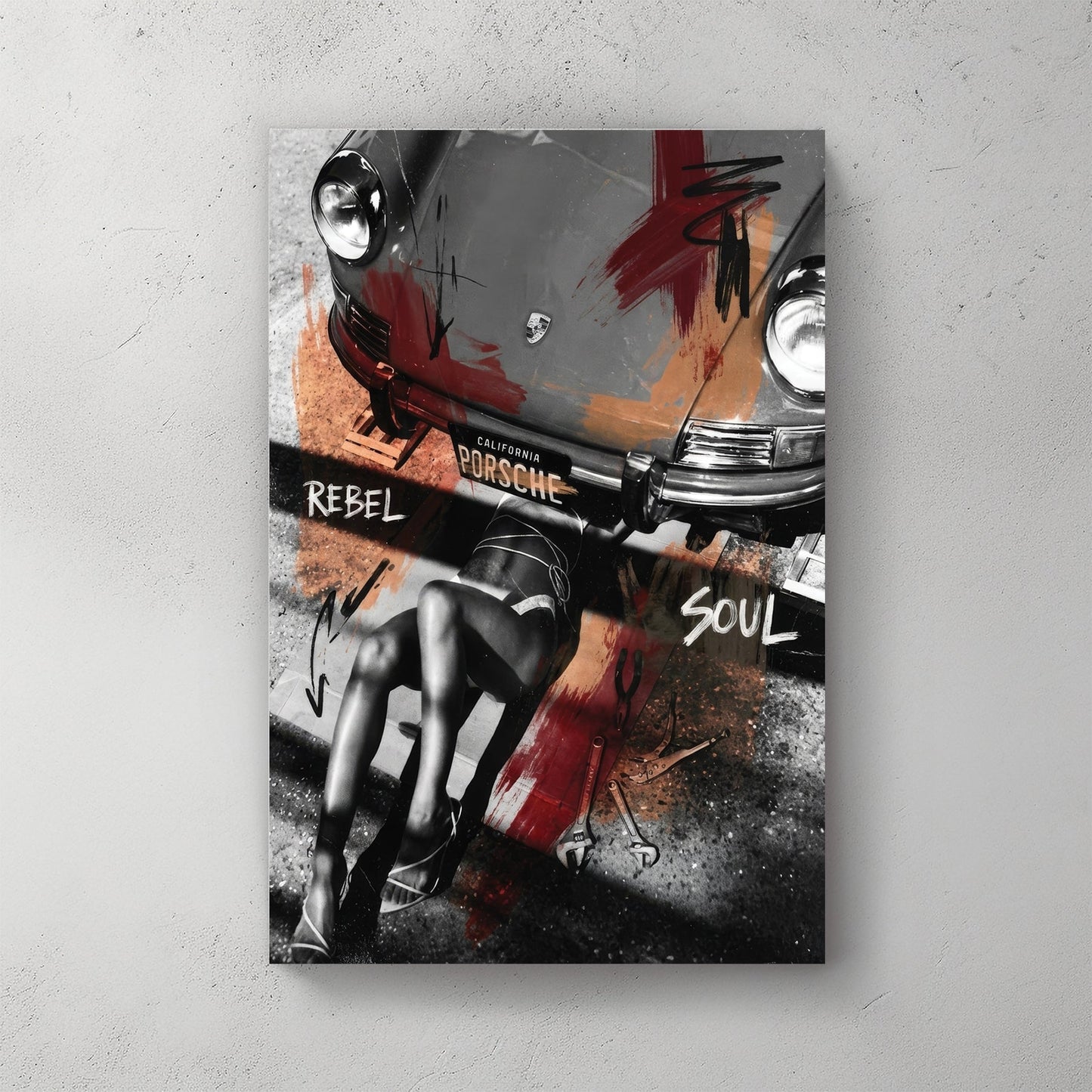 Porsche 911 street art wall art featuring a mechanic and bold typography.