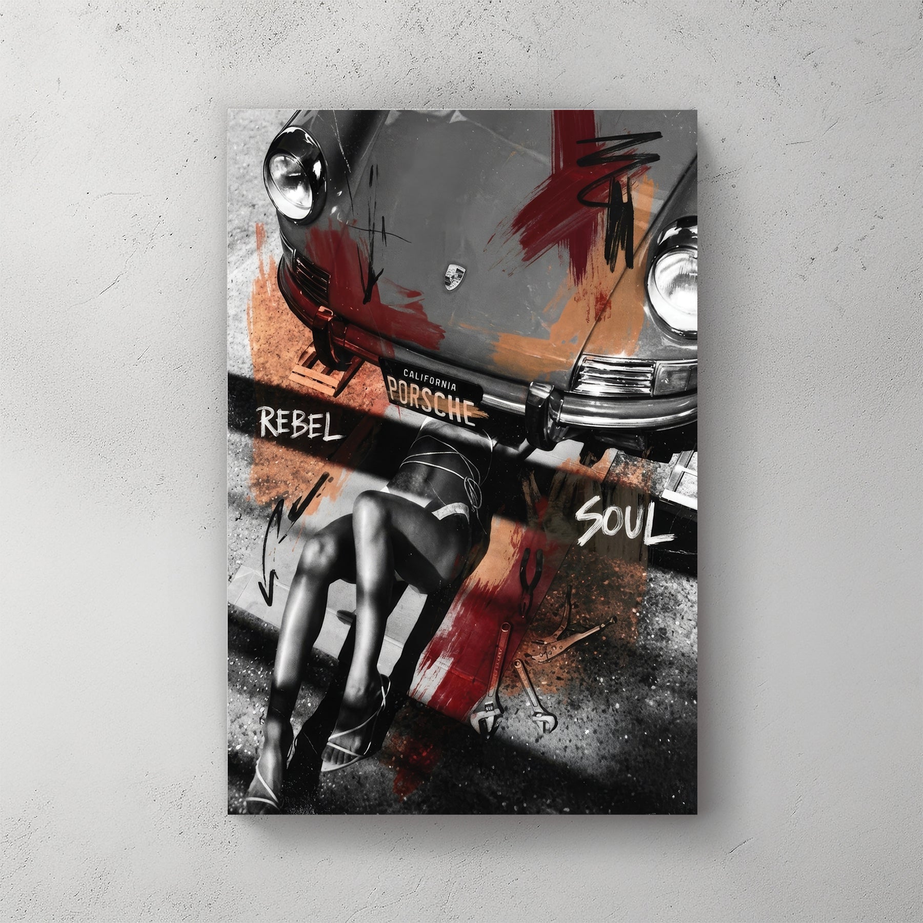 Porsche 911 street art wall art featuring a mechanic and bold typography.