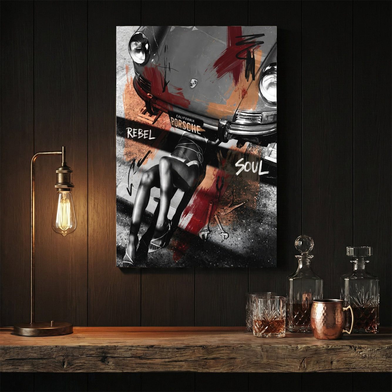 Porsche 911 street art wall art featuring a mechanic and bold typography.