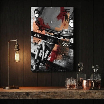 Porsche 911 street art wall art featuring a mechanic and bold typography.