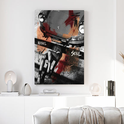 Porsche 911 street art wall art featuring a mechanic and bold typography.