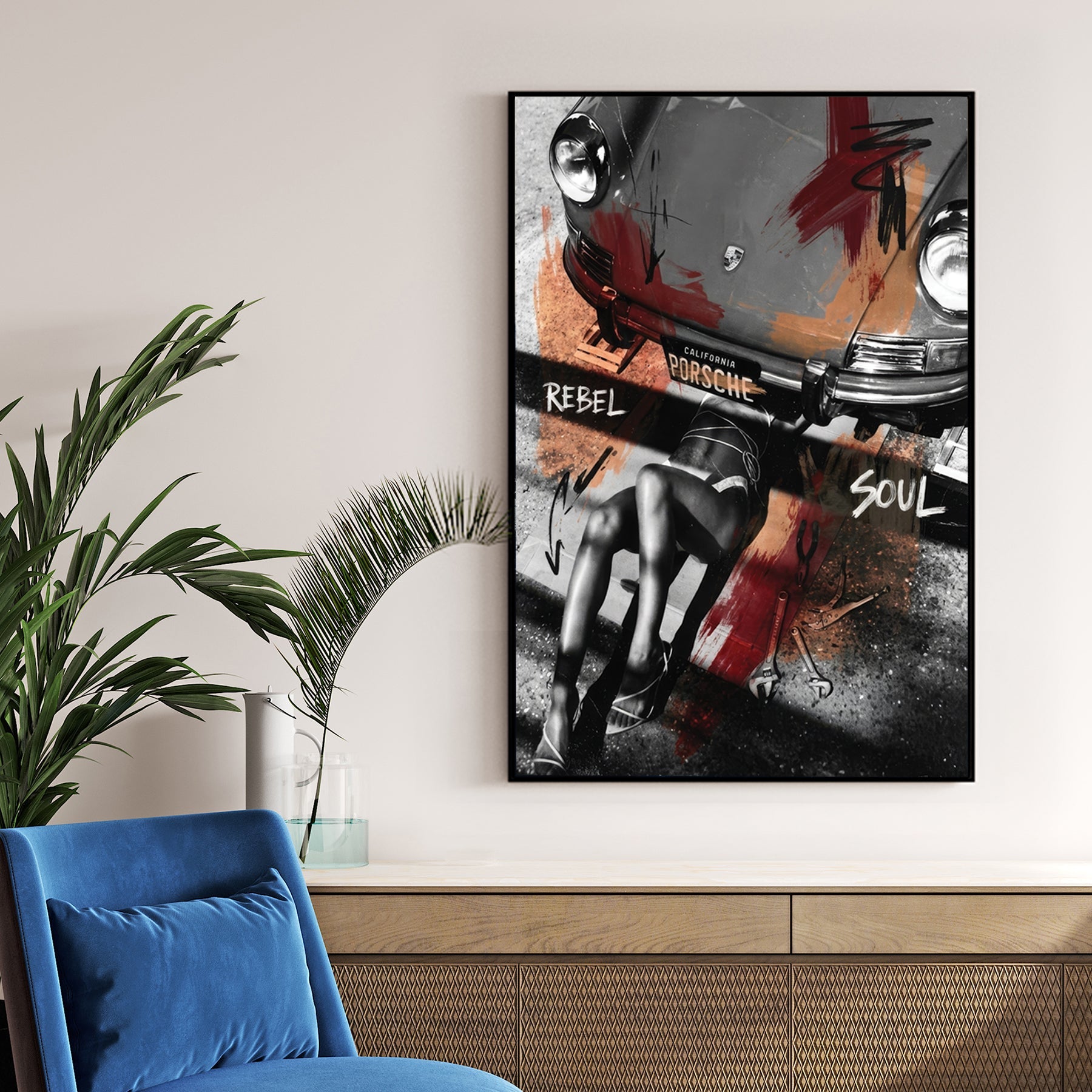 Porsche 911 street art wall art featuring a mechanic and bold typography.