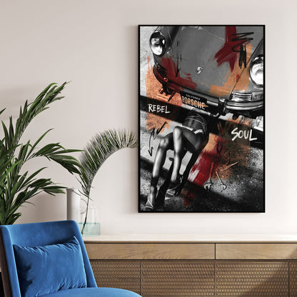 Porsche 911 street art wall art featuring a mechanic and bold typography.