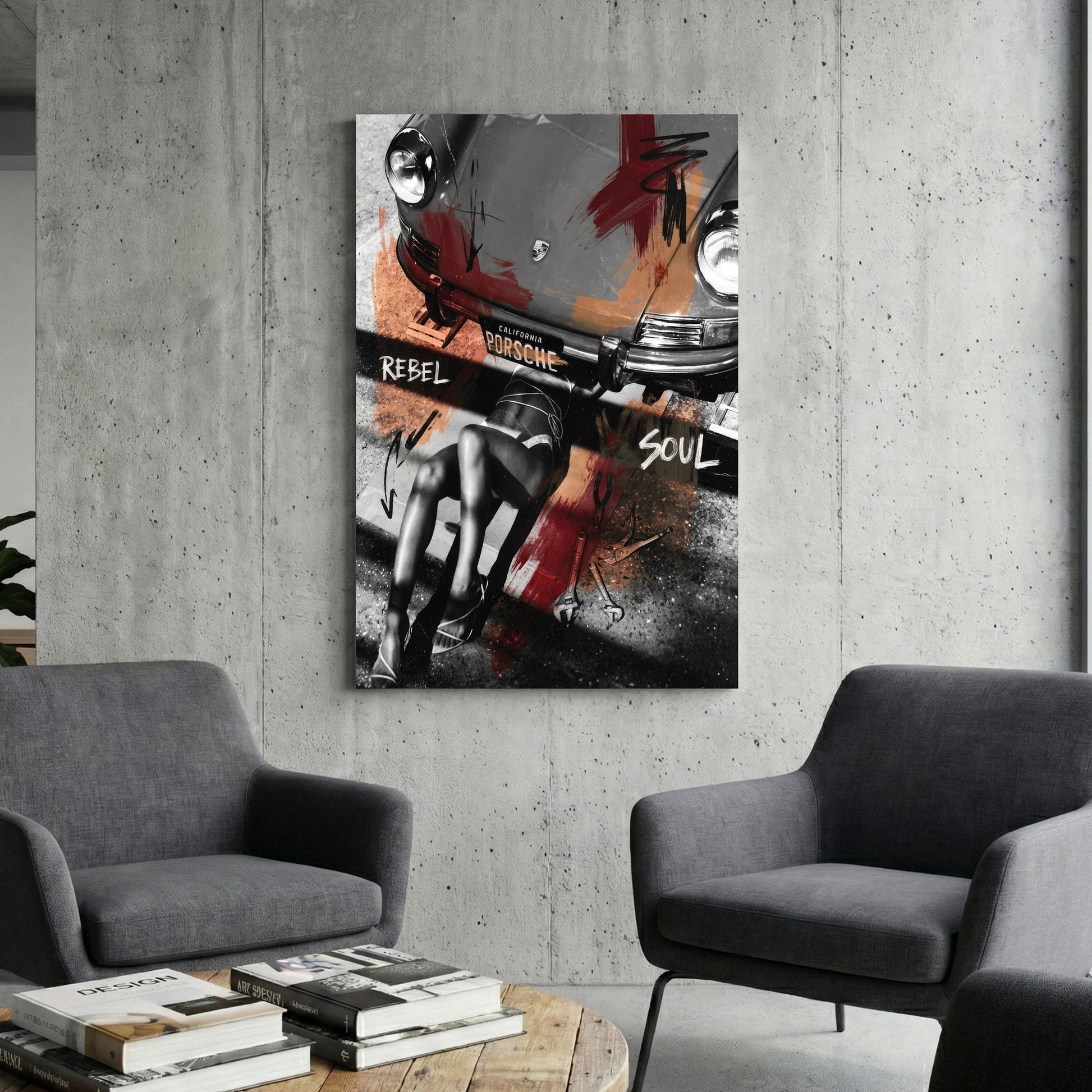 Porsche 911 street art wall art featuring a mechanic and bold typography.