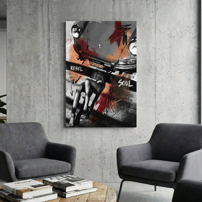 Porsche 911 street art wall art featuring a mechanic and bold typography.