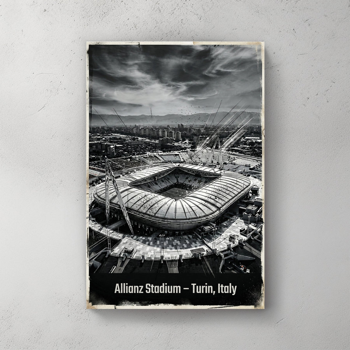 Monochrome aerial view of Allianz Stadium in Turin Italy wall art.