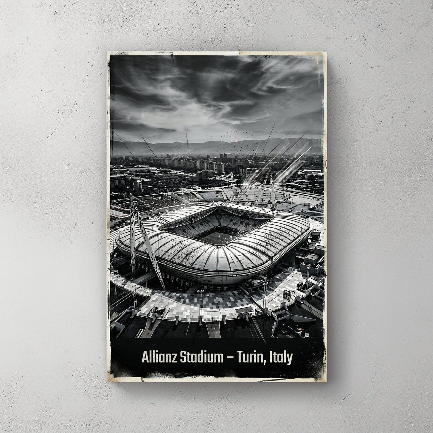 Monochrome aerial view of Allianz Stadium in Turin Italy wall art.