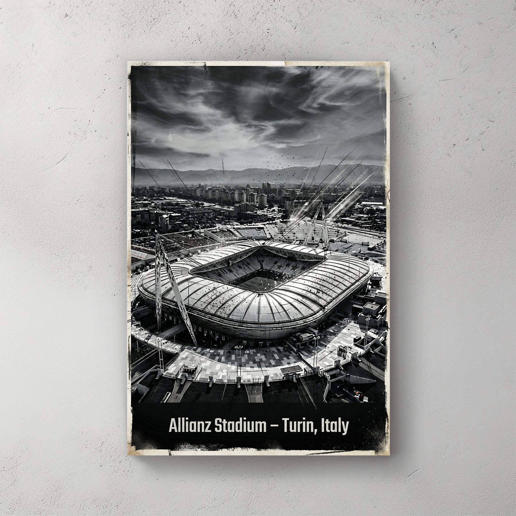 Monochrome aerial view of Allianz Stadium in Turin Italy wall art.