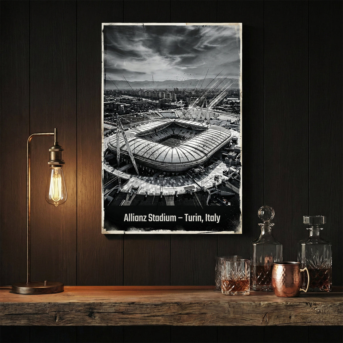 Monochrome aerial view of Allianz Stadium in Turin Italy wall art.